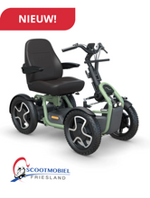 Afbeelding in Gallery-weergave laden, Een nieuwe scootmobiel, dit staat ook op de afbeelding. Het is een vierwiel scootmobiel met een fietsstuur en een grote stoel. Met een moderne groene kleur. Een heel andere scootmobiel dan de traditionele ontwerpen.